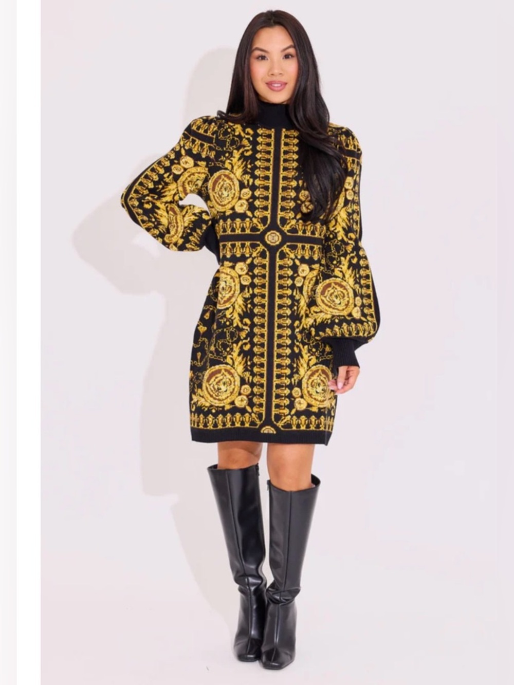 Alden Adair Coco Dress in Donatello Black & Gold Baroque-Print Mini SweaterDress